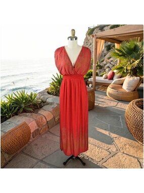 LAPOGEE TRIBAL PRINT RED GOLD BOHEMIAN V-NECK MAXI DRESS